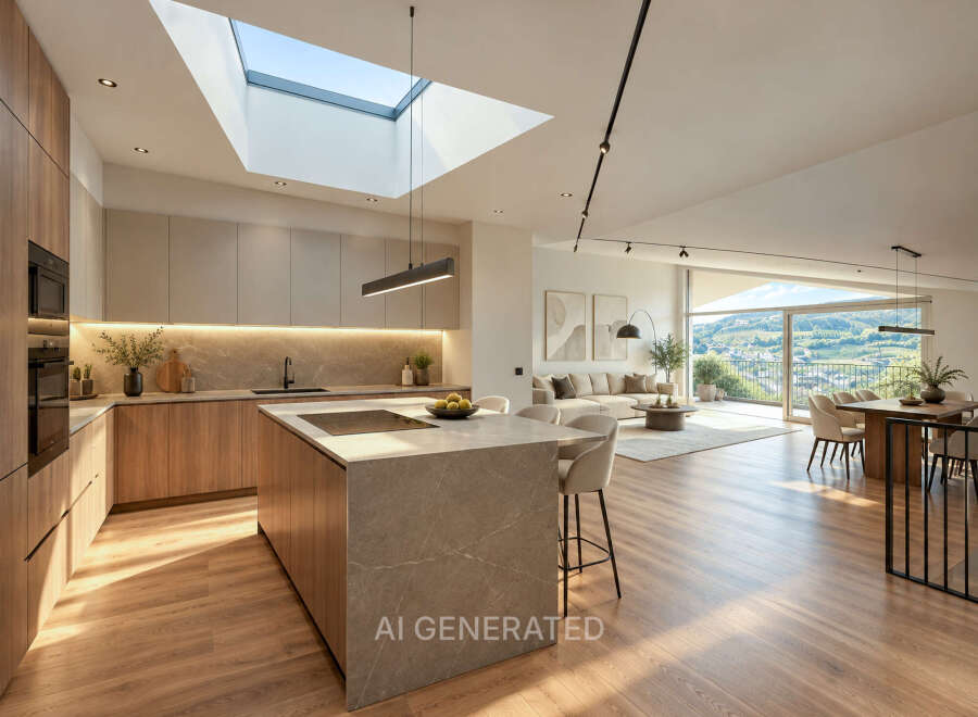 Experience modern living in this stunning open-concept home, featuring a sleek kitchen with a large island and ample cabinetry, perfect for entertaining.