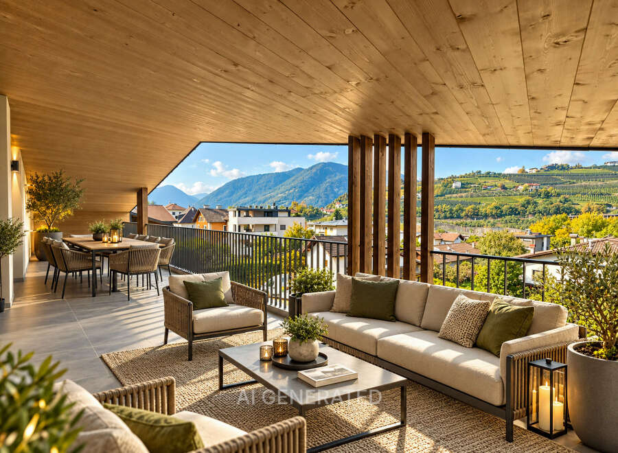 Experience luxurious outdoor living on this expansive balcony, featuring a comfortable seating area and a dining set perfect for al fresco meals.