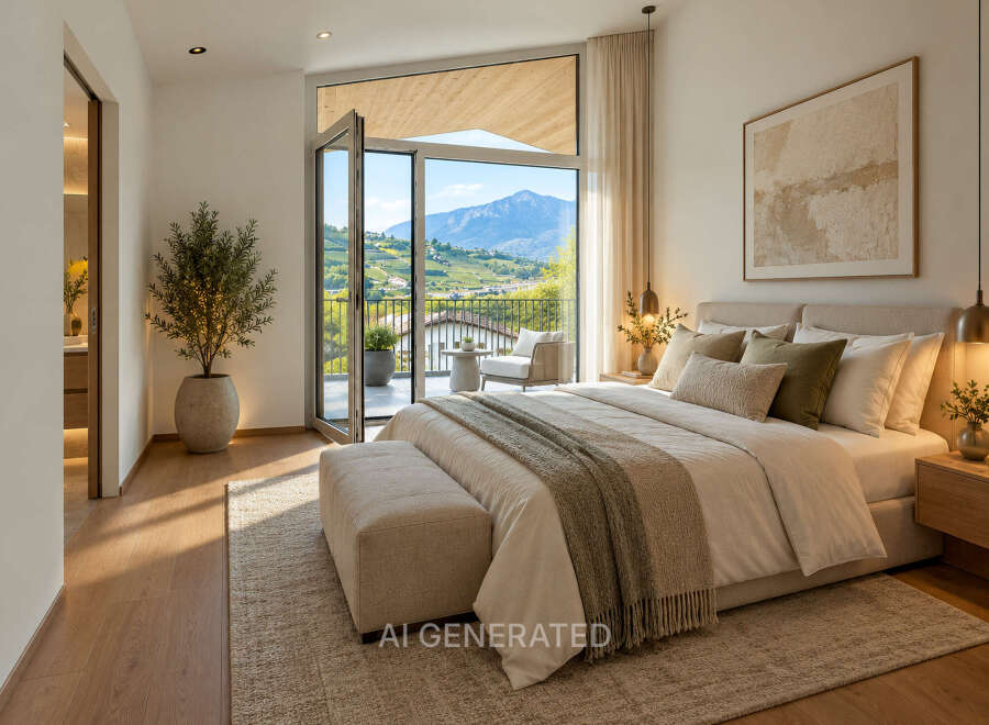 Experience luxury living in this stunning bedroom featuring a king-size bed adorned with plush pillows and a cozy throw blanket.