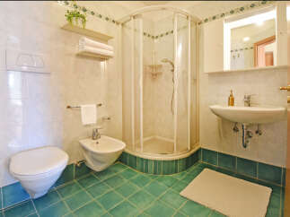 This bathroom features a modern toilet and bidet, complemented by a sleek corner shower enclosure.