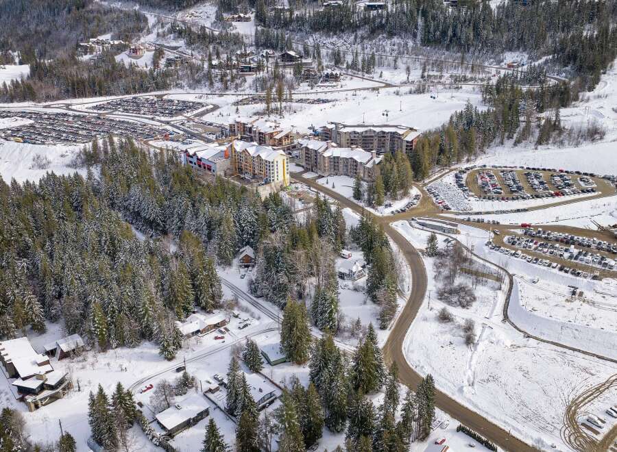 This stunning aerial view showcases a picturesque winter landscape, highlighting a charming property nestled amidst snow-covered trees.