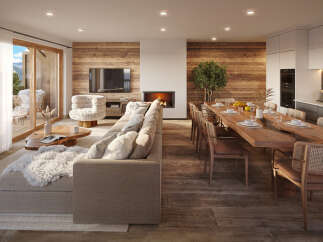 Experience luxurious mountain living in this stunning open-concept space, featuring a cozy living area with a fireplace and a spacious dining area perfect for entertaining.