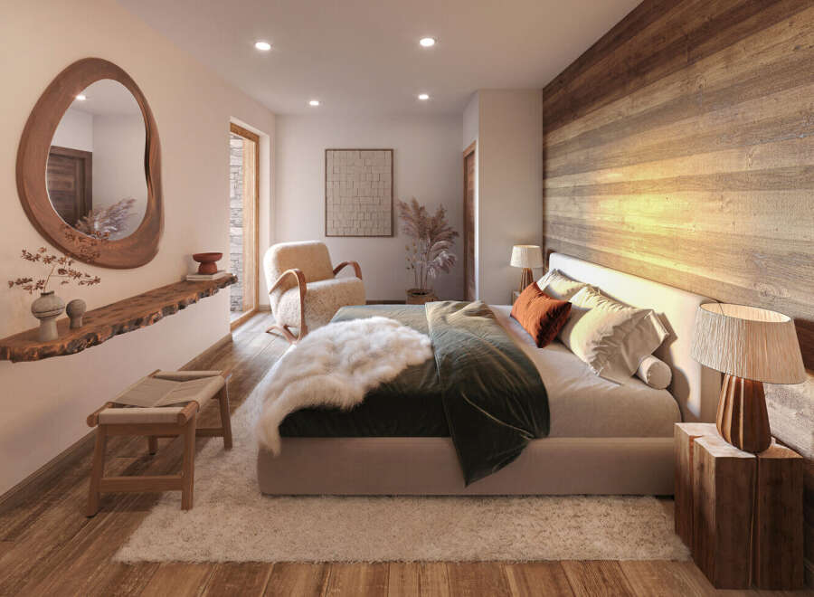 Experience rustic luxury in this serene bedroom, featuring a stunning live-edge wood shelf and mirror.