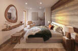 Experience rustic luxury in this serene bedroom, featuring a stunning live-edge wood shelf and mirror.