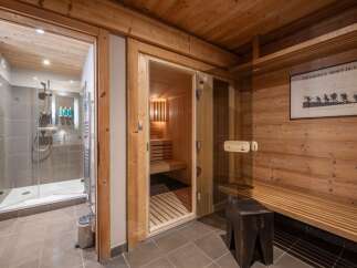 Step into luxury with this stunning property featuring a private sauna and a modern shower.