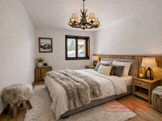 Experience the cozy charm of this bedroom, featuring a plush rug and a comfortable bed.
