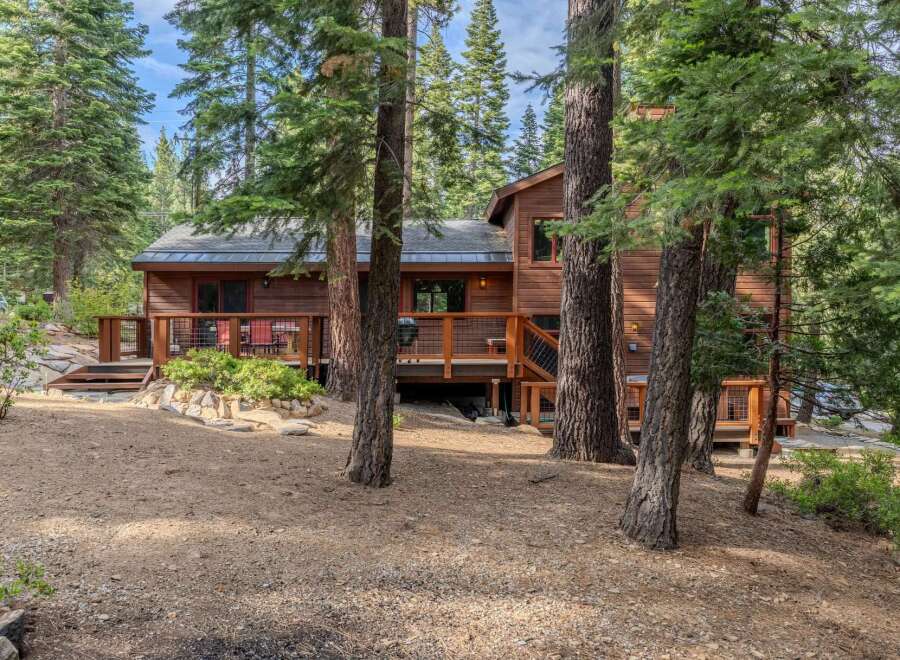 Nestled amongst tall pine trees, this charming wooden cabin offers a serene mountain retreat.