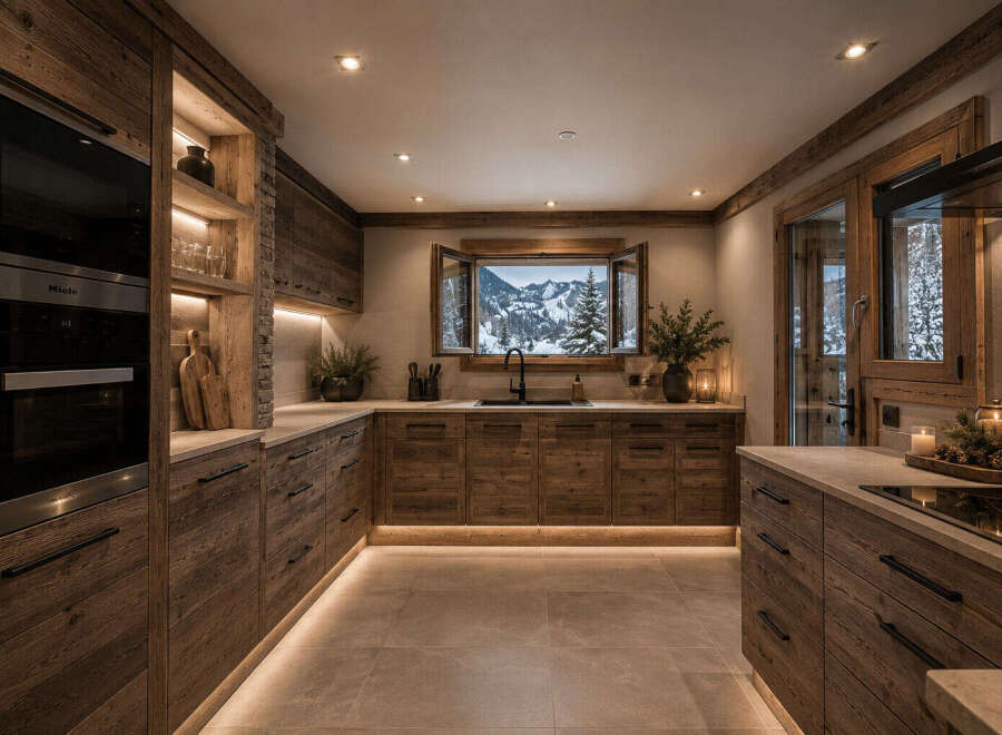 Experience rustic luxury in this stunning mountain kitchen, featuring warm wooden cabinetry and a breathtaking view of snow-capped peaks through an open window.