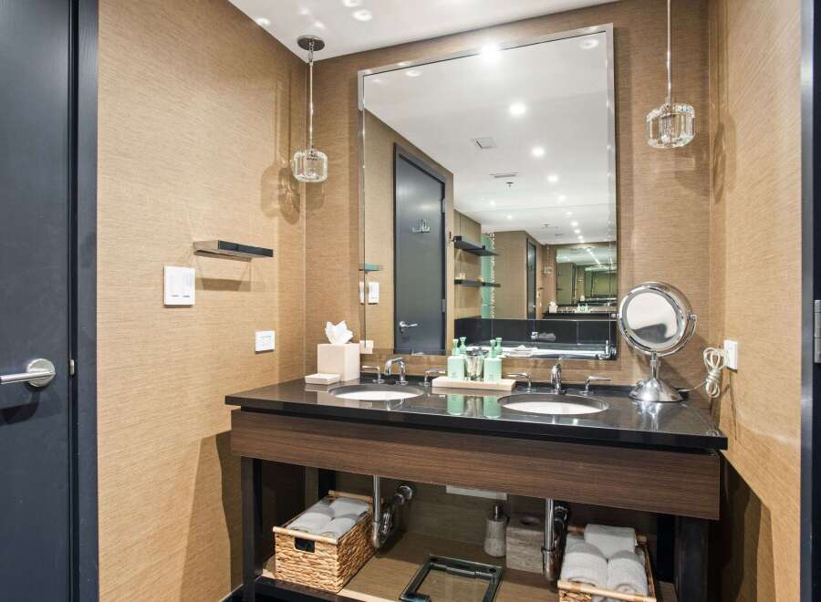 This luxurious bathroom boasts a sleek, modern design with a double vanity and a large mirror.