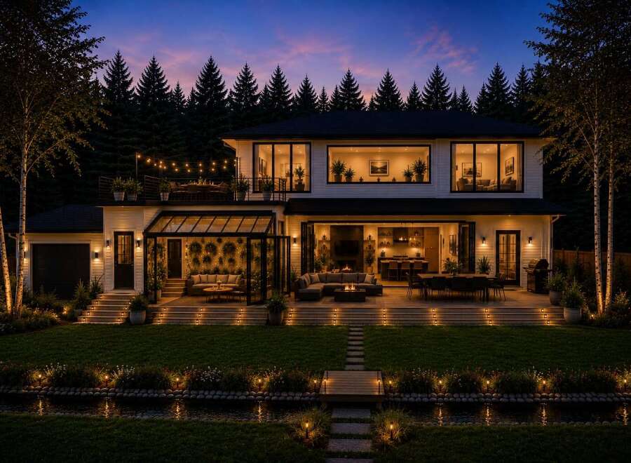 Experience luxury living in this stunning modern home, featuring expansive glass walls that seamlessly blend indoor and outdoor spaces.