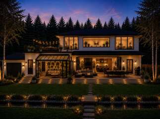 Experience luxury living in this stunning modern home, featuring expansive glass walls that seamlessly blend indoor and outdoor spaces.