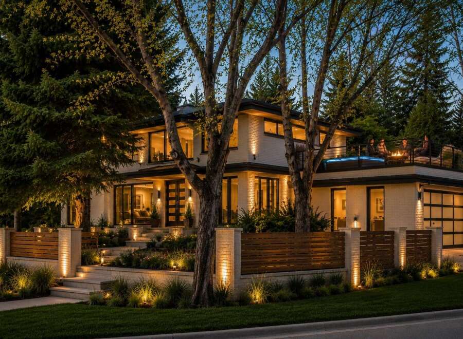 Experience luxury living in this stunning modern home featuring a rooftop deck with a hot tub and fire pit, perfect for entertaining.