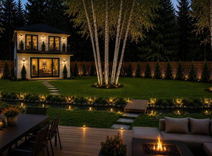Experience luxurious outdoor living with this stunning backyard oasis, featuring a modern two-story home, a serene water feature, and a beautifully lit landscape.