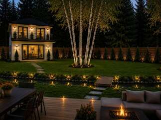 Experience luxurious outdoor living with this stunning backyard oasis, featuring a modern two-story home, a serene water feature, and a beautifully lit landscape.