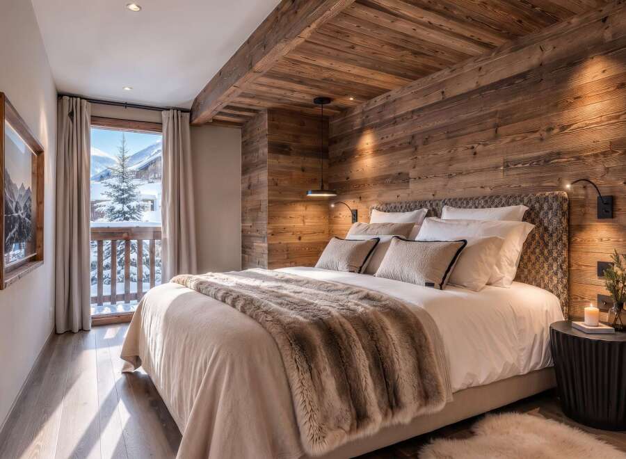 Experience ultimate comfort in this luxurious mountain retreat bedroom, featuring a plush king-sized bed adorned with a cozy fur throw.