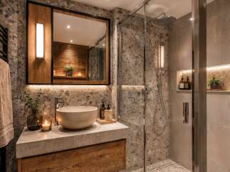 Experience luxury in this modern bathroom featuring a sleek concrete countertop with a vessel sink and a wooden vanity.