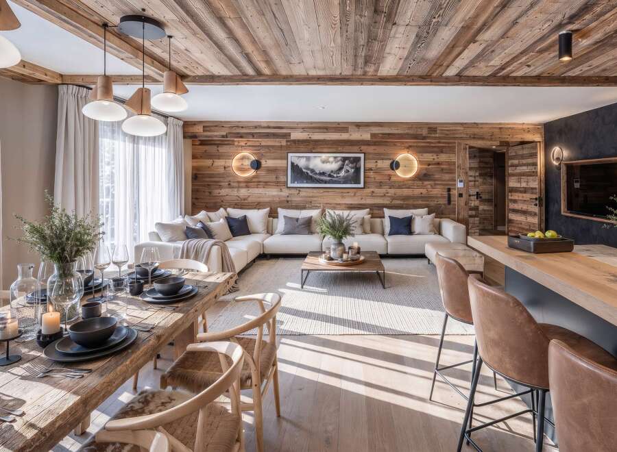 Experience luxurious mountain living in this stunning open-concept space, featuring a rustic wood-paneled ceiling and walls that create a warm, inviting ambiance.