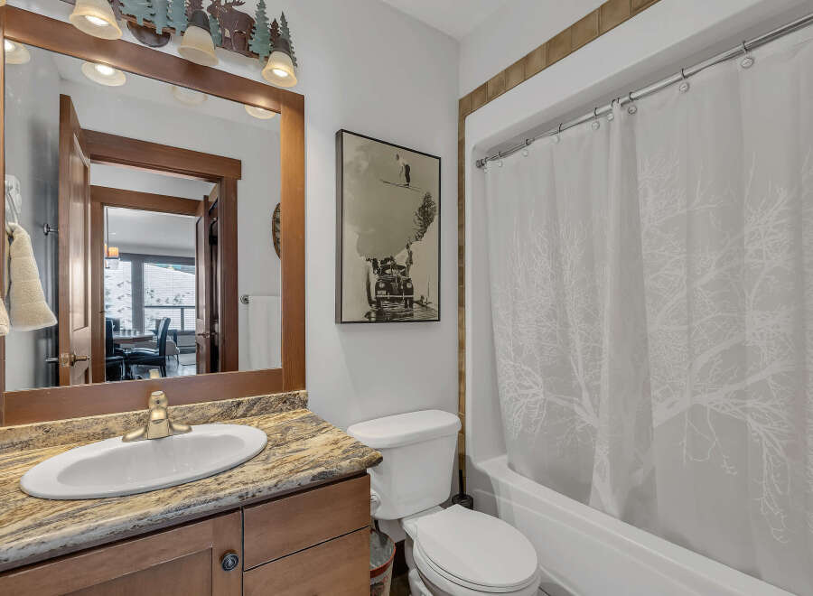 This charming bathroom features a stylish vanity with a granite countertop and a sleek, modern sink.