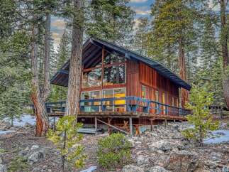 Nestled amidst towering trees, this stunning cabin offers a serene escape.