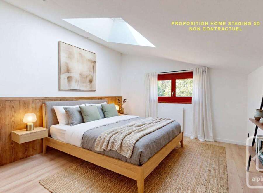 Discover the charm of this beautifully designed bedroom, featuring a cozy bed and a stylish wooden headboard.