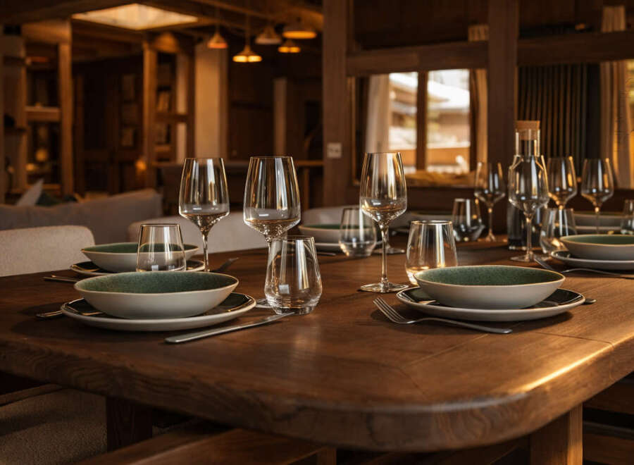 Experience luxury living in this stunning property, featuring a beautifully set dining table perfect for hosting gatherings.