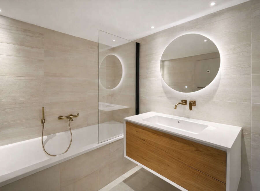 This modern bathroom features a sleek design with a floating vanity and a round, illuminated mirror.