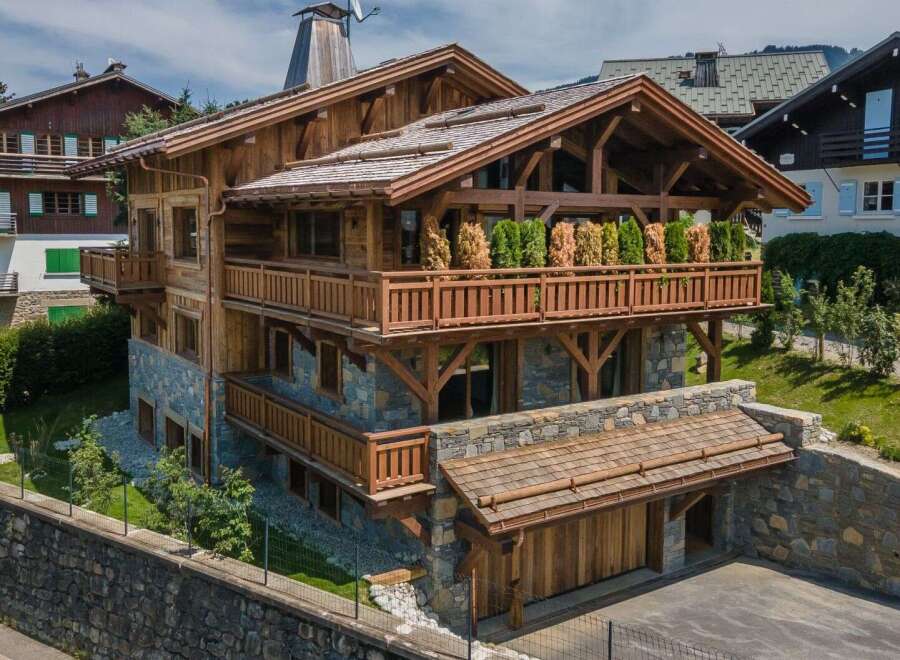 This stunning wooden chalet showcases exquisite craftsmanship and design.