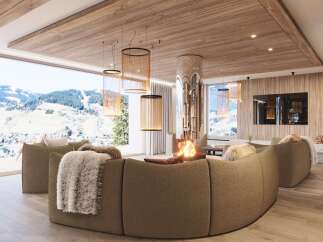 Experience luxury living in this stunning property, featuring a cozy living room with a fireplace and a breathtaking view of the mountains.