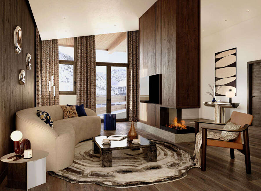 Experience luxury living in this stunning property, featuring a cozy living room with a fireplace and a modern design.
