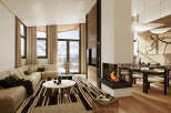 Experience luxury living in this stunning property, featuring a cozy living room with a fireplace and a modern dining area.