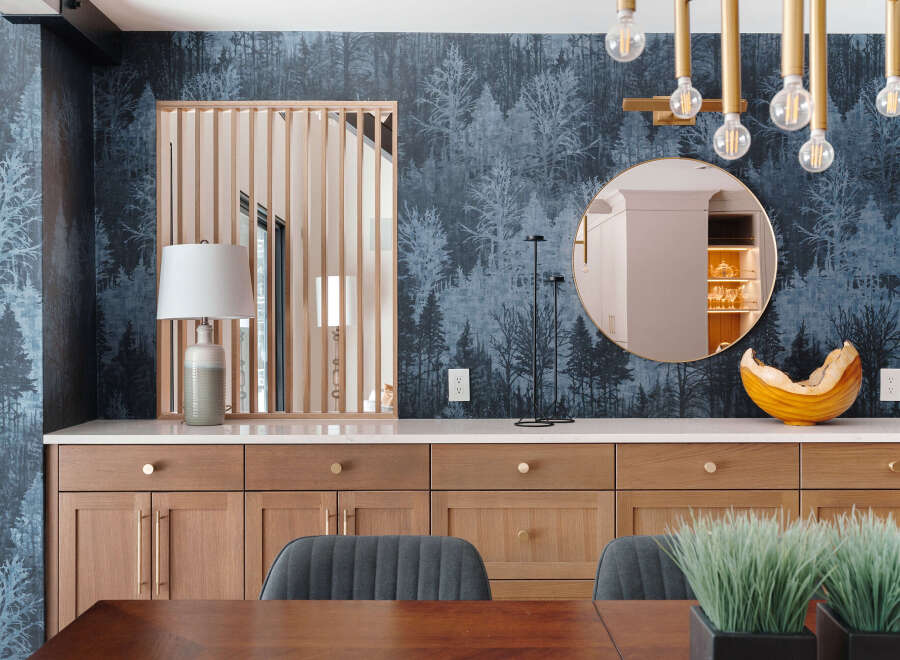 This stunning dining area showcases a modern design with a touch of nature.
