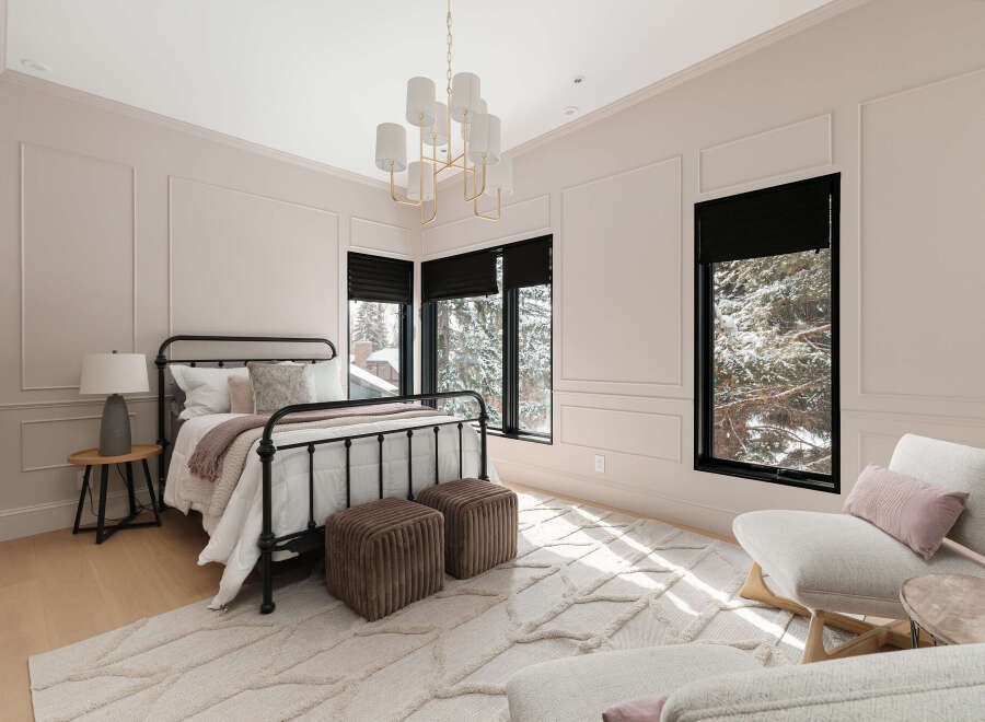 Step into a serene bedroom retreat, where elegance meets comfort.