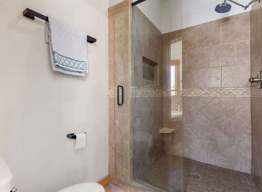 Step into a luxurious bathroom featuring a spacious walk-in shower with elegant tile work.