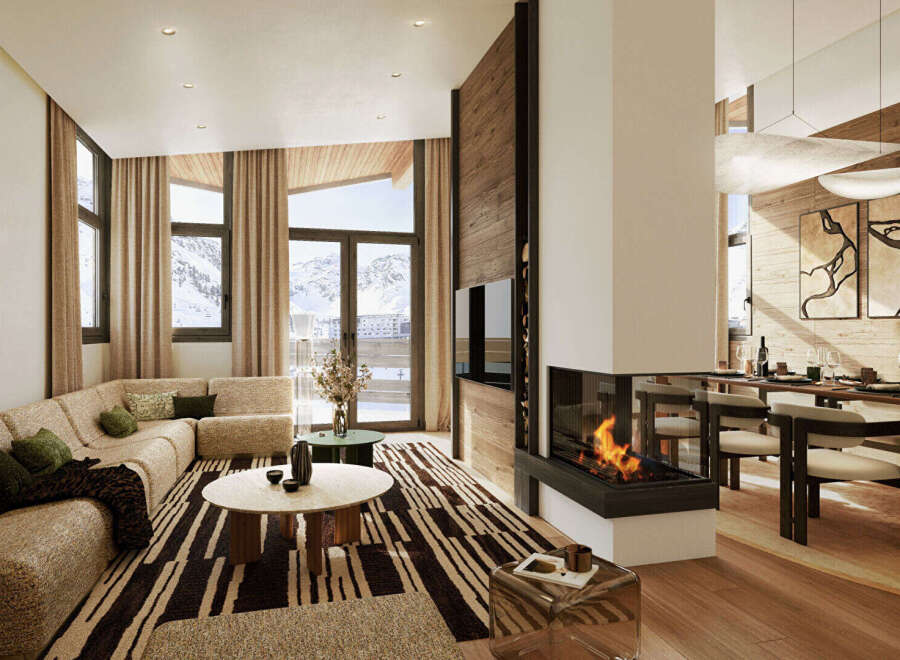 Experience luxury living in this stunning property, featuring a cozy living room with a fireplace and a modern dining area.