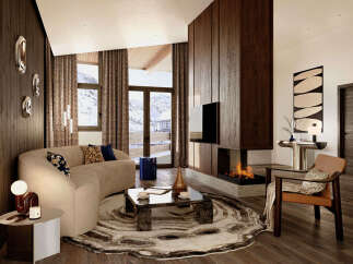 Experience luxury living in this stunning property, featuring a cozy living room with a fireplace and a modern design.