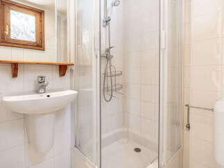 This charming bathroom features a modern shower enclosure and a sleek pedestal sink.