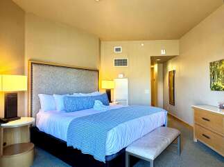 This luxurious bedroom features a king-sized bed with plush bedding and a stylish blue and white striped bed runner.
