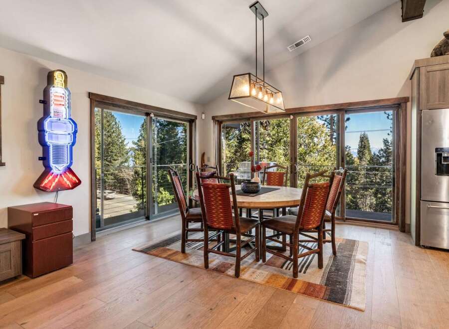 This stunning dining room boasts breathtaking views and a unique, modern design.