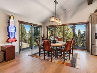 This stunning dining room boasts breathtaking views and a unique, modern design.