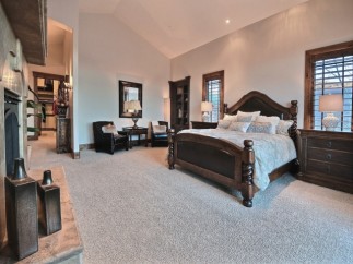 Luxurious master suite boasts a king-size bed, plush carpeting, and a fireplace.