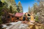Nestled amidst towering trees, this charming log cabin offers a serene retreat.