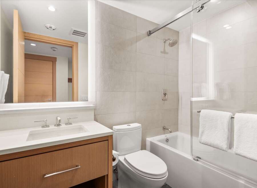 Step into a modern bathroom oasis, featuring sleek design and luxurious amenities.