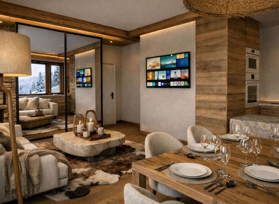 Experience luxury living in this stunning property, featuring a modern interior design with a cozy, rustic touch.