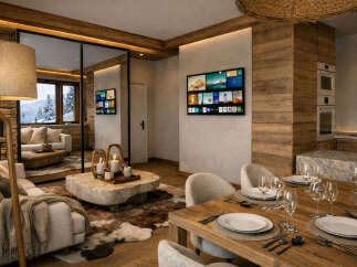 Experience luxury living in this stunning property, featuring a modern interior design with a cozy, rustic touch.