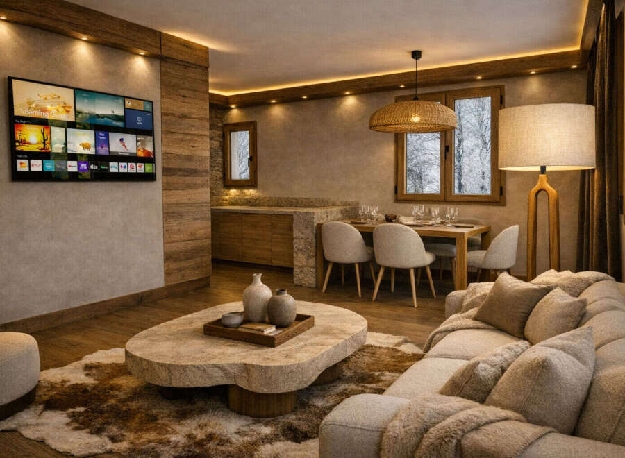 Experience luxury living in this stunning property, featuring a cozy living room with a plush sofa and a unique stone coffee table.
