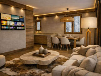 Experience luxury living in this stunning property, featuring a cozy living room with a plush sofa and a unique stone coffee table.