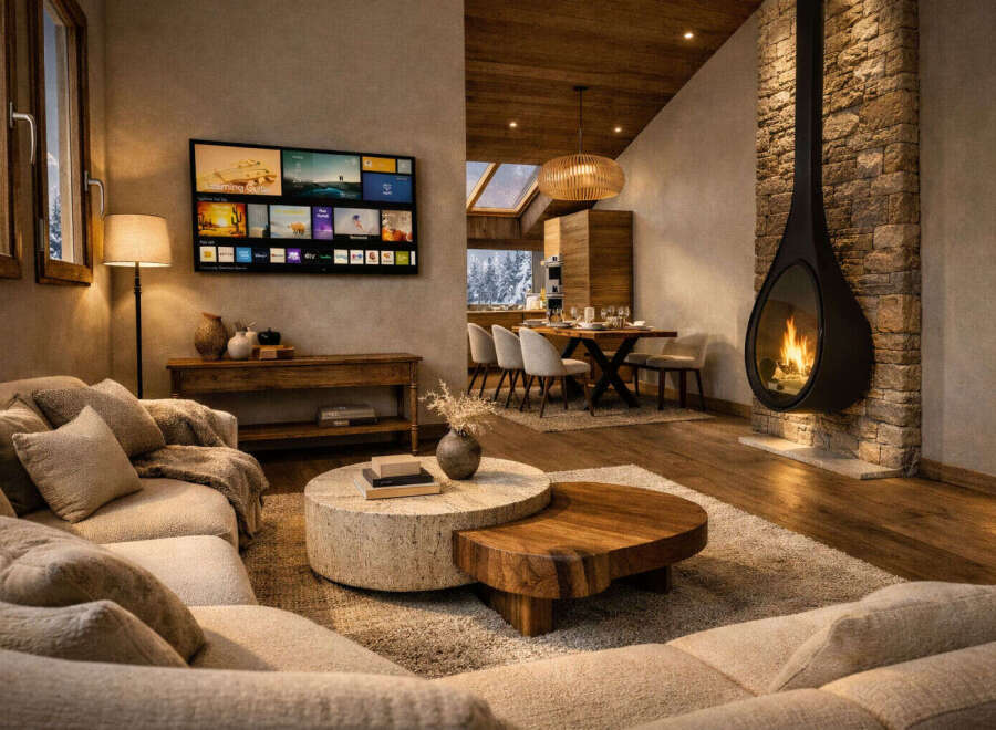Experience luxury living in this stunning property, featuring a cozy living room with a modern fireplace and a large screen TV.