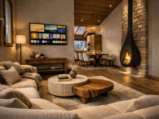 Experience luxury living in this stunning property, featuring a cozy living room with a modern fireplace and a large screen TV.