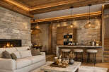 Experience luxury living in this stunning property, featuring a cozy fireplace and a modern kitchen.