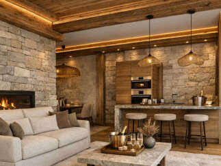 Experience luxury living in this stunning property, featuring a cozy fireplace and a modern kitchen.